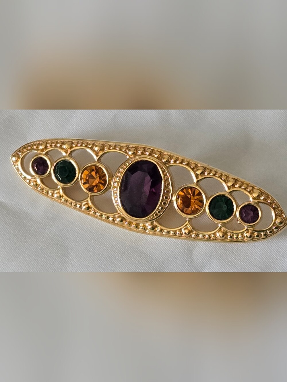 Vintage Signed Napier Goldtone Faux-Amethyst Citrine & Emerald Brooch